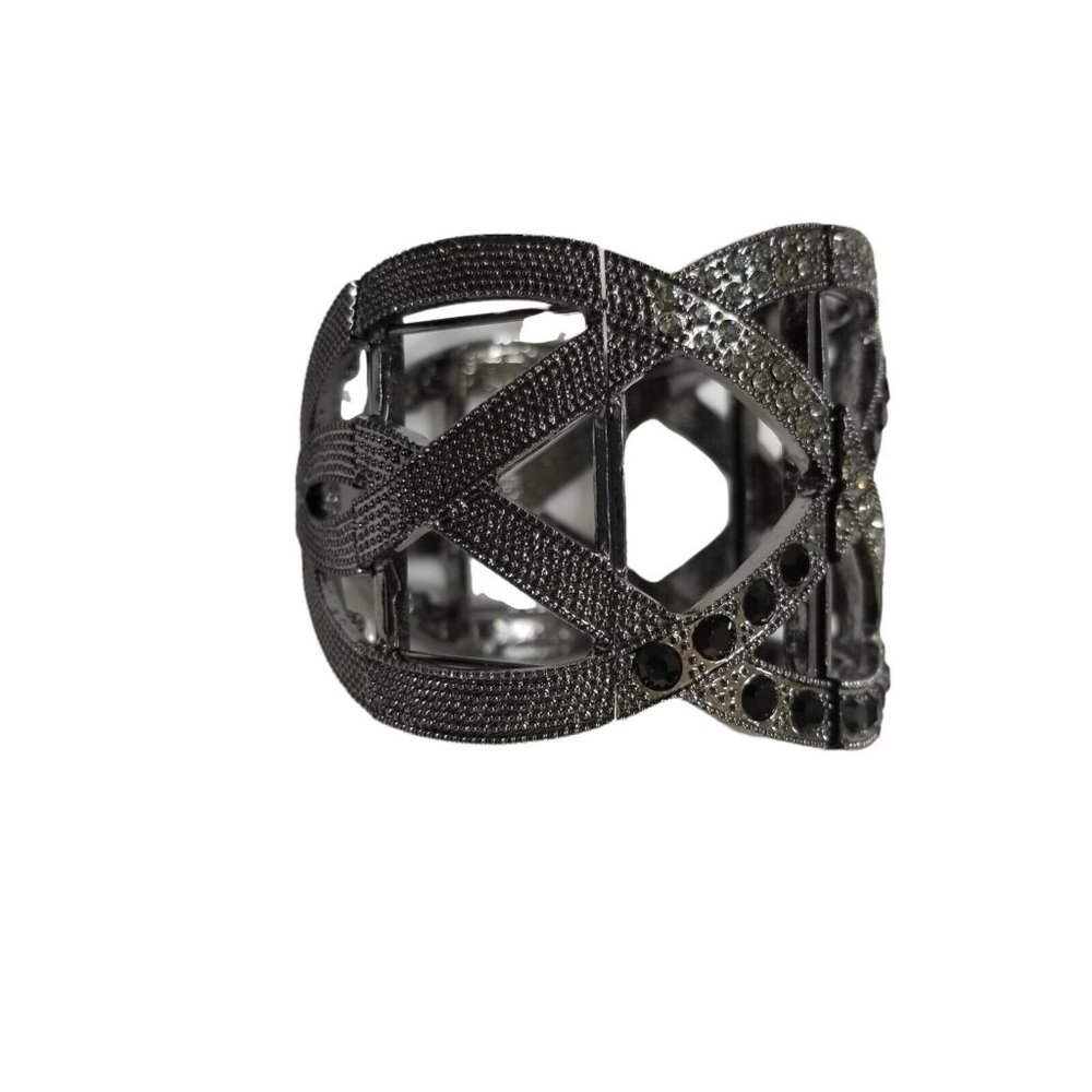 Dark Silver Black Crystals Rhinestone Woven Hollow Out Cuff Bangle Bracelet - Picture 11 of 12